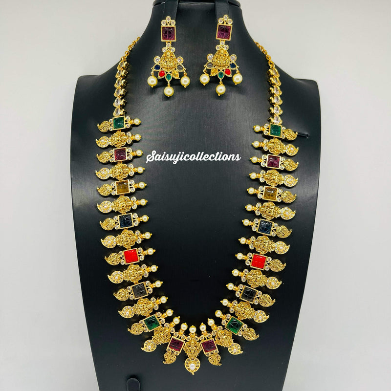 Elegant Gold Replica Imitation Gold Navaratan Lakshmi Mango Necklace Set With Earrings-Saisuji Collections-C-Imitation Gold,Laxmi,Multi Stone,Nakshi,Necklace,Necklaces