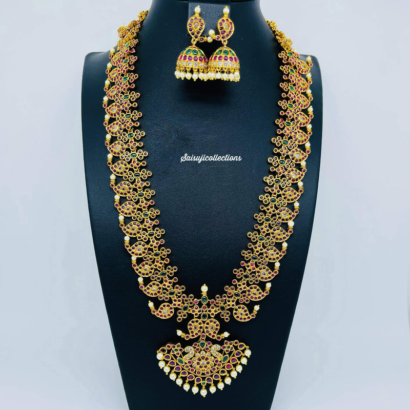 Beautiful Premium Matte Kemp Mango Haram with Jumka-Saisuji Collections-C-AD,Emerald,Matte Gold,Necklace,Necklace Set,Necklaces,Necklance,Ruby