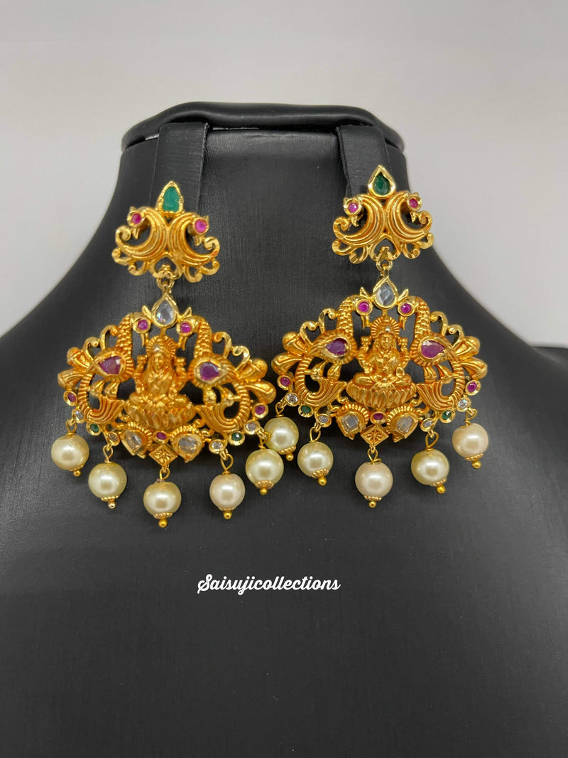 Beautiful Gold Finish AD and Ruby Stone Peacock and Lakshmi Devi Earrings-Saisuji Collections-C-Antique Finish,Earrings,Imitation Gold,jhumka,Jumka,Laxmi Devi,Multi Stone,Pearl,Temple