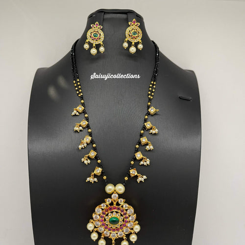 Beautiful AD and Multi Stone Diamond Finish Black Beads With Earrings-Saisuji Collections-C-AD,American Diamond,Imitation Gold,Laxmi,Mangalsutra