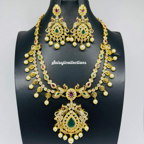 Elegant 2 Lane Gold Replica AD Peacock and Lakshmi Kasu Necklace Set with Earrings-Saisuji Collections-C-Imitation Gold,Kemp,Long,navaratan,Necklace,Necklace Set,Necklaces,Necklance,Peacock,Ruby