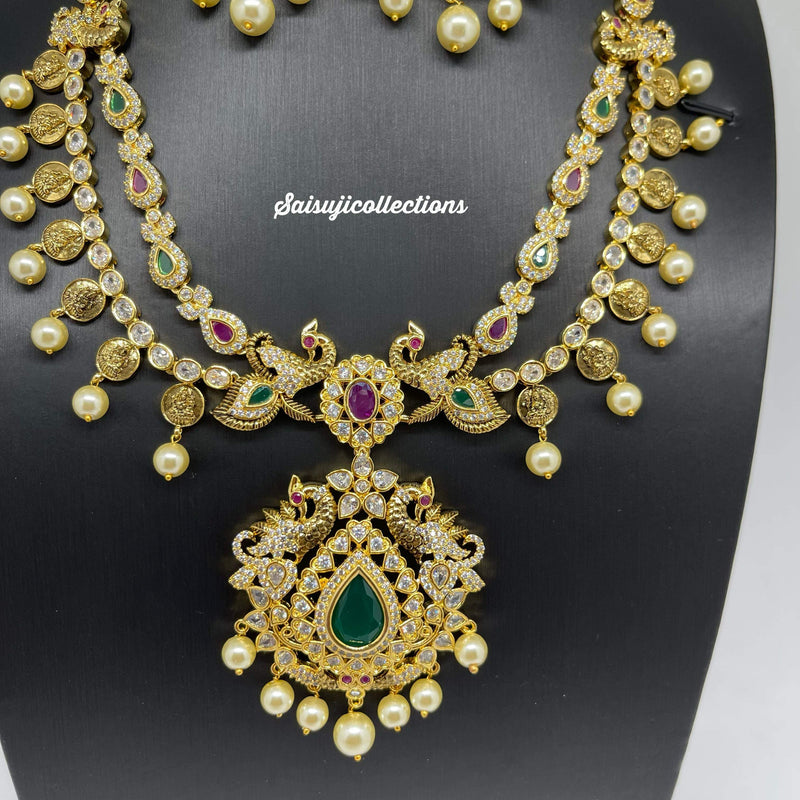 Elegant 2 Lane Gold Replica AD Peacock and Lakshmi Kasu Necklace Set with Earrings-Saisuji Collections-C-Imitation Gold,Kemp,Long,navaratan,Necklace,Necklace Set,Necklaces,Necklance,Peacock,Ruby