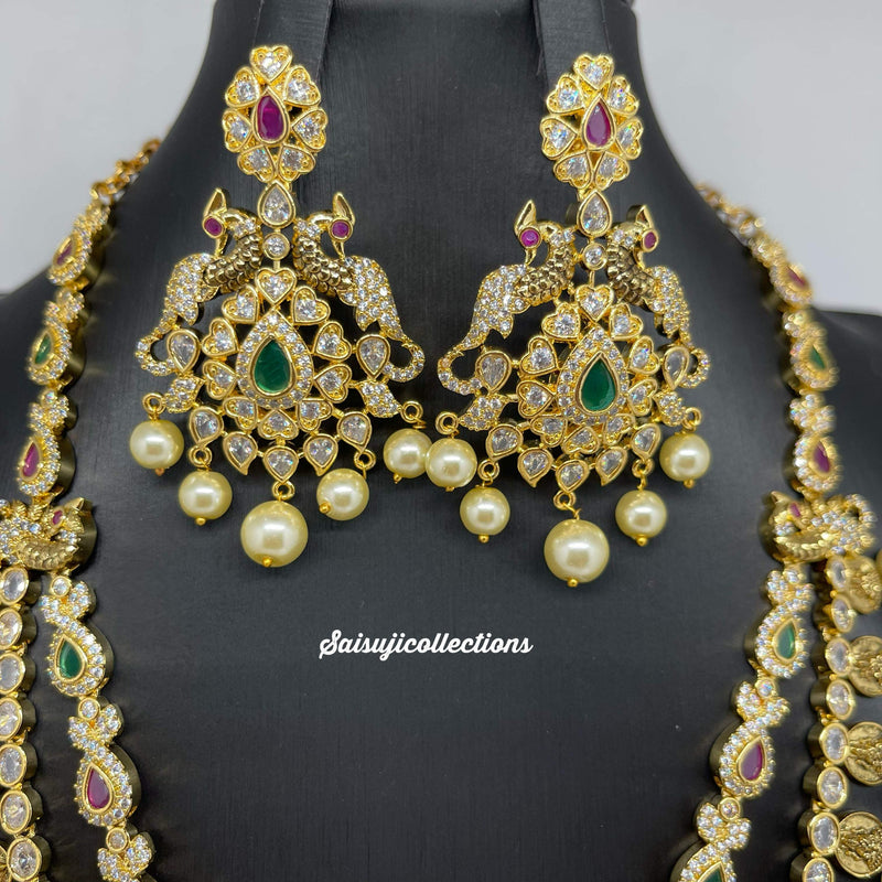 Elegant 2 Lane Gold Replica AD Peacock and Lakshmi Kasu Necklace Set with Earrings-Saisuji Collections-C-Imitation Gold,Kemp,Long,navaratan,Necklace,Necklace Set,Necklaces,Necklance,Peacock,Ruby