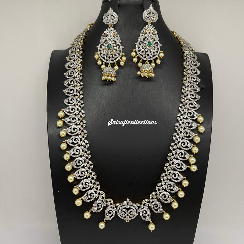 Elegant Diamond Finish Gj Polish CZ and Green Stone Mango and Peacock Haram With Earings and Mang Tikka-Saisuji Collections-C-AD,American Diamond,CZ,Necklace,Necklace Set,Necklaces