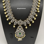 Elegant Diamond Finish Gj Polish CZ and Green Stone Mango and Peacock Haram With Earings and Mang Tikka-Saisuji Collections-C-AD,American Diamond,CZ,Necklace,Necklace Set,Necklaces