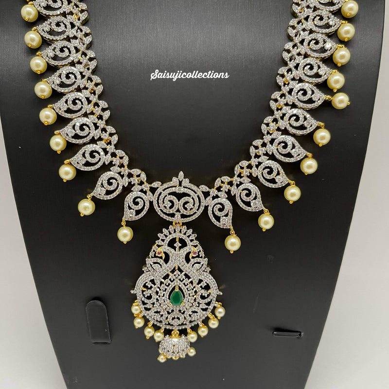 Elegant Diamond Finish Gj Polish CZ and Green Stone Mango and Peacock Haram With Earings and Mang Tikka-Saisuji Collections-C-AD,American Diamond,CZ,Necklace,Necklace Set,Necklaces