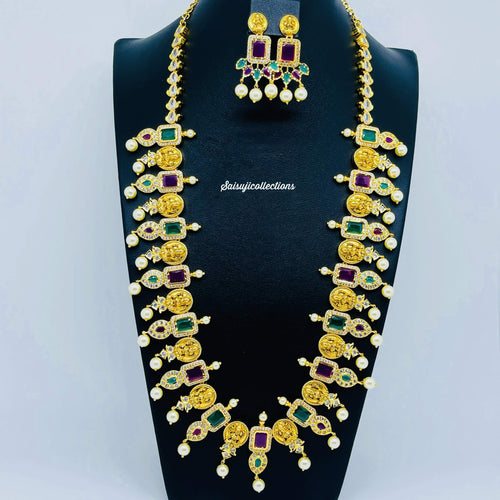 Elegant CZ and Multi Stone Mango Laxmi Kasu Mala-Saisuji Collections-C-Beads,Emerald,Necklace,Necklace Set,Necklaces,Necklance,Peacock,Ruby,Temple