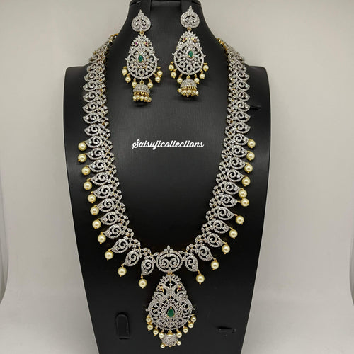 Elegant Diamond Finish Gj Polish CZ and Green Stone Mango and Peacock Haram With Earings and Mang Tikka-Saisuji Collections-C-AD,American Diamond,CZ,Necklace,Necklace Set,Necklaces