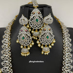 Elegant Diamond Finish Gj Polish CZ and Green Stone Mango and Peacock Haram With Earings and Mang Tikka-Saisuji Collections-C-AD,American Diamond,CZ,Necklace,Necklace Set,Necklaces