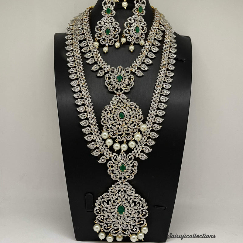Elegant Diamond Finish Diamond Finish CZ and Green Stone Combo Set With Earrings and Maang Tikka-Saisuji Collections-C-AD,American Diamond,CZ,Necklace,Necklace Set,Necklaces
