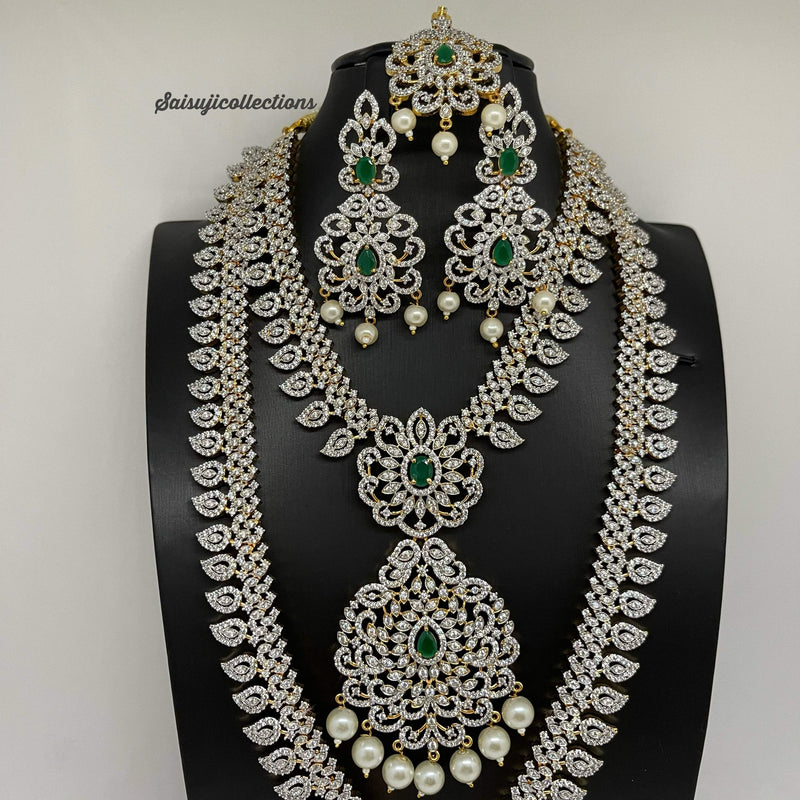 Elegant Diamond Finish Diamond Finish CZ and Green Stone Combo Set With Earrings and Maang Tikka-Saisuji Collections-C-AD,American Diamond,CZ,Necklace,Necklace Set,Necklaces