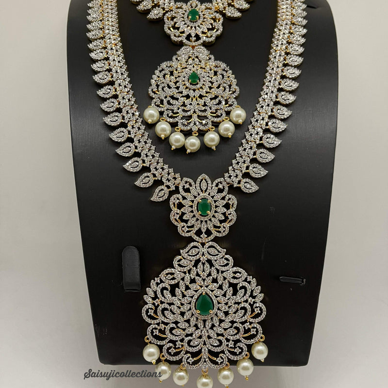 Elegant Diamond Finish Diamond Finish CZ and Green Stone Combo Set With Earrings and Maang Tikka-Saisuji Collections-C-AD,American Diamond,CZ,Necklace,Necklace Set,Necklaces