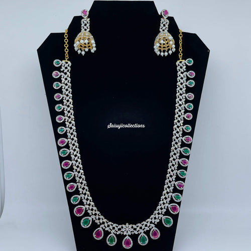 Elegant Diamond finish with CZ and Multi stone Long Necklace Set-Saisuji Collections-C-AD,American Diamond,CZ,Necklace,Necklace Set,Necklaces