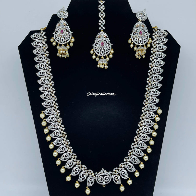 Elegant GJ Polish Diamond finish CZ and Ruby Stone Mango and Peacock Long Necklace Set-Saisuji Collections-C-AD,American Diamond,CZ,Necklace,Necklace Set,Necklaces