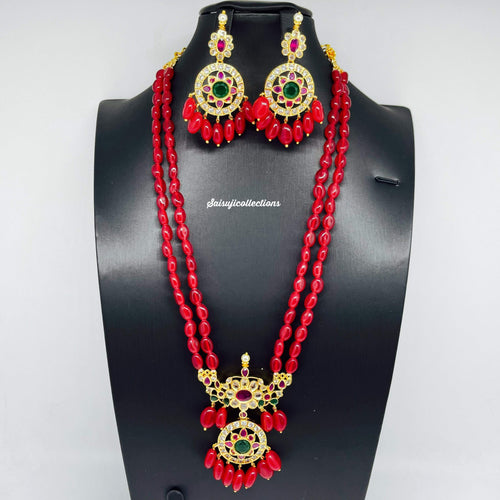 Elegant Red Monalisa Beads 2 Lane Set with AD and Multi Stone Locket and Earrings-Saisuji Collections-C-Beads,green pumpkin beads,lakshmi,Necklace,Necklace Set,Necklaces,Necklance